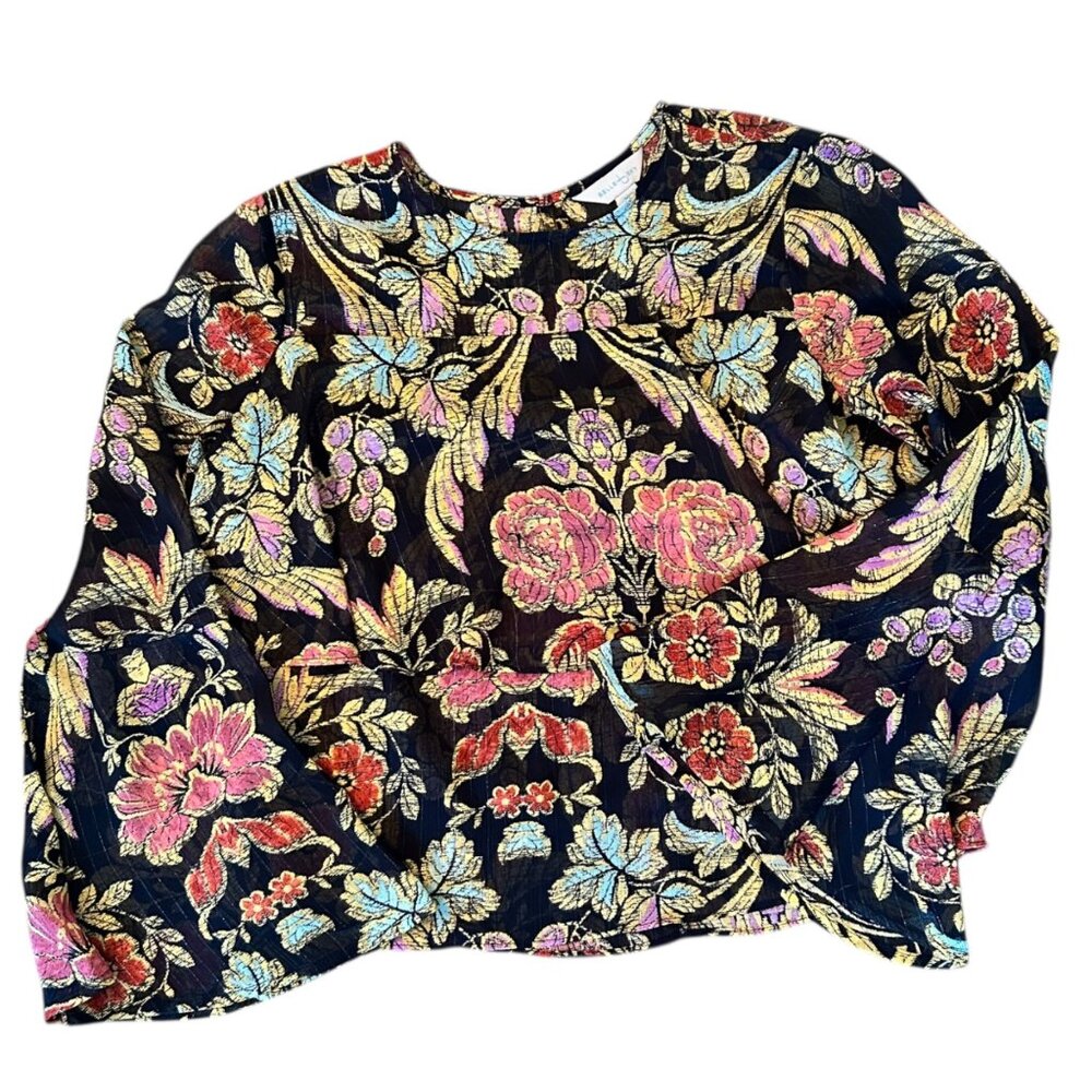 Belle + Sky Boho Semi Sheer Metallic Woven Floral Bell Sleeve Top XS
